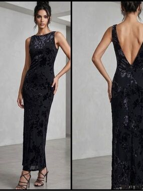 Vintage Ann Taylor Black Floral Burnout Velvet V Back Elegant Goth Maxi Dress 6